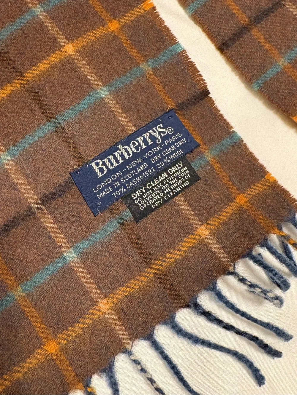 Vintage Burberry Scarf Cashmere Plaid blue and browns Burberrys